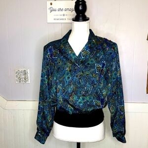 VINTAGE 90s paisley peacock teal Blouse Shoulder Pads banded waist NOTATIONS